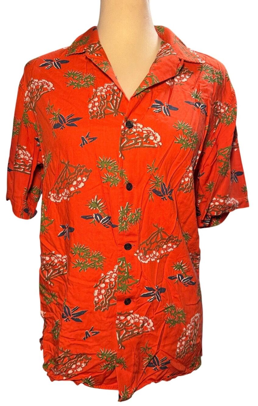 Uniqlo Orange Rayon Camp Collar Hawaiian Button Up Shirt, Tropical, Unisex XXS